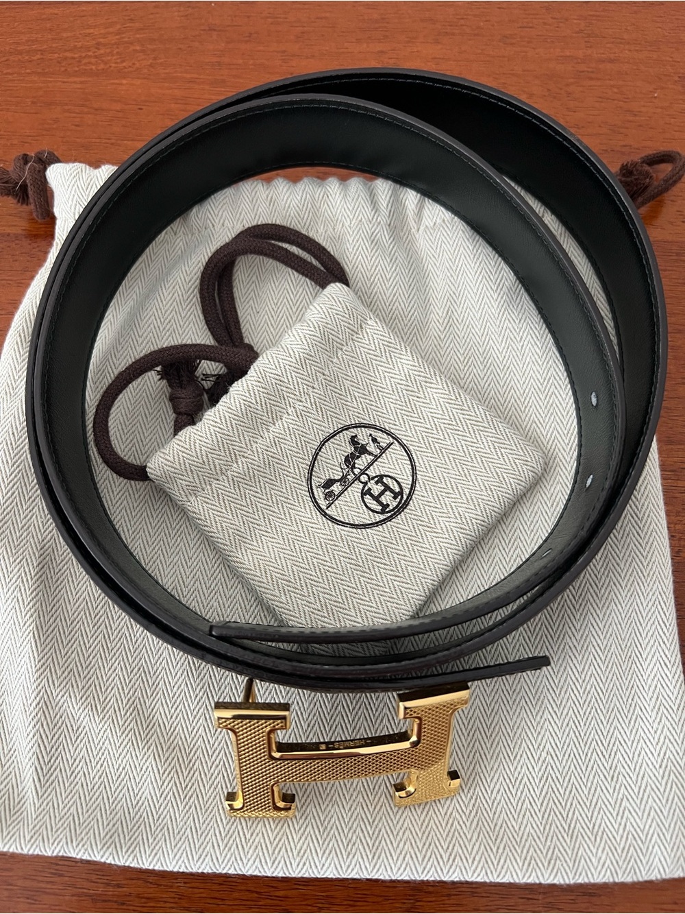 Men’s Hermès Black Brown Leather Belt Reversible Gold H Buckle 34